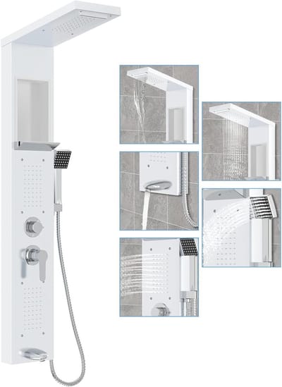 ACXIN Duschpaneel 5-Functie RVS Armatur Wandmontage Wit met Opbergrek