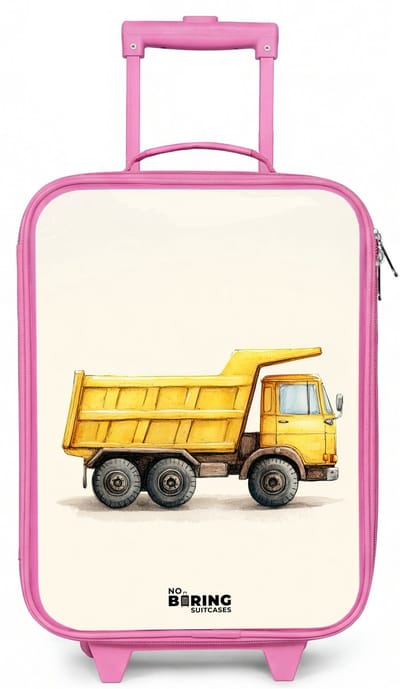 NoBoringSuitcases.com® - Kinderkoffer roze - Kindertrolley meisje - Kiepwagen - Getekend - Geel - Koffer kind lichtgewicht - Reiskoffer trolley voor kinderen - Koffertje met lichtgevende wieltjes - Rolkoffer