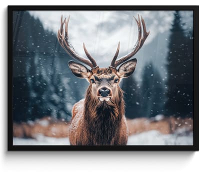 Poster in lijst - Fotolijst 70x50 cm - Posters - Hert - Dieren - Landschap - Winter - Sneeuw - Posterlijst zwart - Decoratie - Wanddecoratie woonkamer - Muurdecoratie slaapkamer