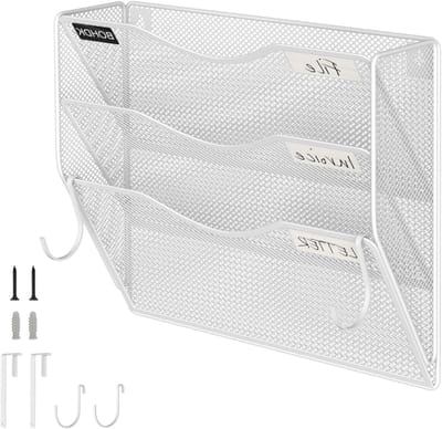 Verticale Muur File Organizer voor Documenten, Mappen en Post, Metalen Hangende Opbergruimte voor Thuis en Kantoor, Wit