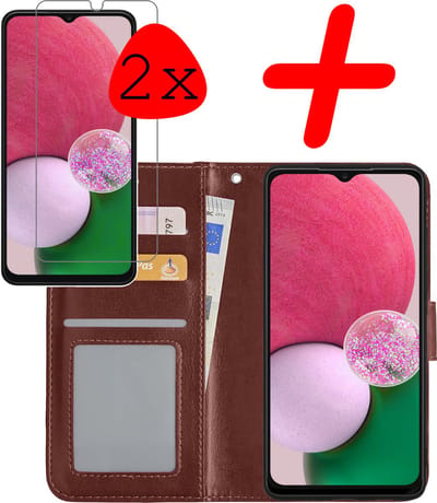 Hoesje Met 2x Screenprotector - Geschikt voor Samsung Galaxy A13 5G - Luxe Pasjeshouder - Bookcase Portemonee - Flip Case - Kunstleer Book Case - Flipcase Hoes - Book Cover - Walletcase - Portemonneehoes - Bruin
