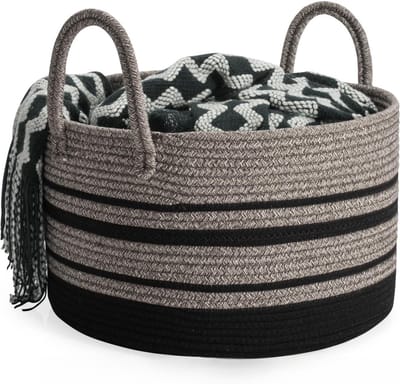 SnelShoppen - Grote Wasmand Katoenen Touw 32L Opbergmand D40 x H25 CM Geweven Wasmand met Handvat voor Thuisopslag en Decoratie (Jute+Zwart)