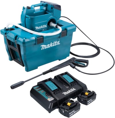 Makita DHW 080 PG2K Snoerloze hogedrukreiniger 36 V ( 2x 18 V ) 80 bar 380 l/u Borstelloos + 2x accu 6.0 Ah + dubbele lader