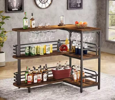 Industriële Barmeubel L-Vorm - Keukeneiland met Glashouder - Barkast met 3 Niveaus - Vintage Bruin/Zwart Metaal - 18 Wijnglazen - Huisbar & Buffetkast