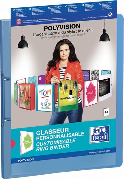 OXFORD Polyvision personaliseerbare ringmap, formaat A4, uit PP, rug van 3 cm, 2 ringen, blauw 12 stuks