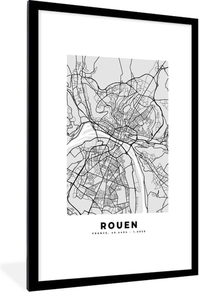 Fotolijst incl. Poster - Kaart - Stadskaart - Frankrijk - Rouen - Plattegrond - 80x120 cm - Posterlijst