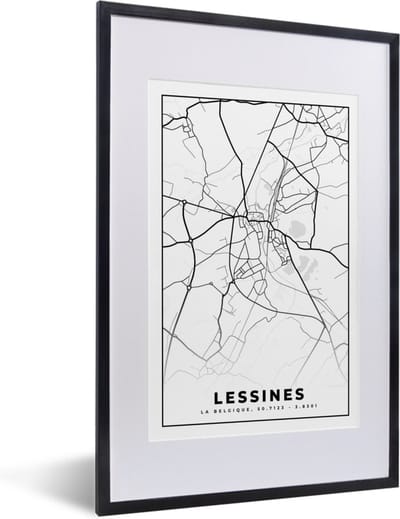 Fotolijst incl. Poster Zwart Wit- Stadskaart – Zwart Wit - Kaart – Lessines – België – Plattegrond - 40x60 cm - Posterlijst