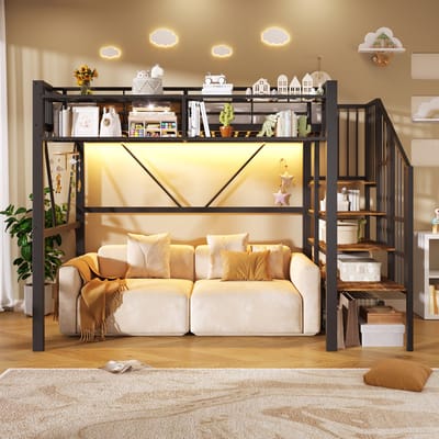 VVBV Hoogslaper 90x200 cm Zwart Metaal met Trap met Opbergrek, LED, Opbergmand en Open Ruimte - Zonder Matras