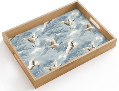 Dienblad hout 40x30 cm - Schootdienblad - Wolken - Kraanvogels - Blauw - Borrelplank rechthoek - Plateau dienbladen