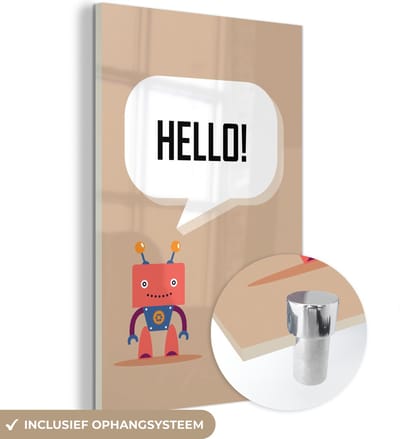 MuchoWow® Glasschilderij 120x180 cm - Schilderij acrylglas - Spreuken - Quotes - Hello! - Robot - Tandwiel - Kinderen - Foto op glas - Schilderijen