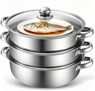 Roestvrijstalen stoompan 28 cm met glazen deksel, ideaal voor stomen, koken en bereiden van soep, pasta en vis
