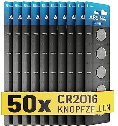 ABSINA CR2016 Knoopcel CR 2016 Knoopcel 3 V, lekvrij en lange houdbaarheid, batterij CR2016 voor autosleutel, keukenweegschaal UVM - 2016 lithium knoopcel 3 V, knoopbatterij CR2016