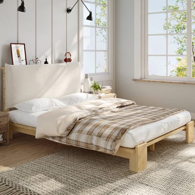 MODFU Bedframe 140x200 cm van hout en stof – naturel – met gestoffeerd hoofdbord – Scandinavisch design