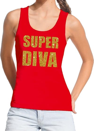 Super Diva tanktop / mouwloos t-shirt - rood - dames - gouden glitter letters - Glamour Party kleding - Foute Party S