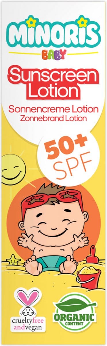 Minoris Baby Zonnebrandlotion SPF 50+ 150 ML| Biologisch, Natuurlijk & Minerale Inhoud | Zonnebescherming voor Gevoelige Huid | Hypoallergeen, Vegan, Rifvriendelijk, Waterbestendig, Breedspectrum, Dermatologisch Getest