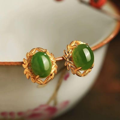 Oorbellen in hofstijl van natuurlijke Hotan Jade groen voor dames antiek goud handwerk voortreffelijke blad oorknopjes Banket Sieraden brown