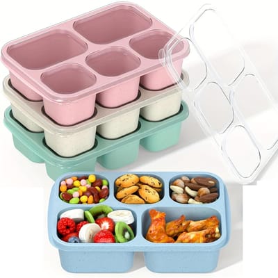 4 stuks Siliconen Bento Box - Ruime 5-vaks Maaltijdvoorbereidingscontainer met Stapelbaar Ontwerp voor Eenvoudig - Herbruikbaar, Handwasbaar, gray