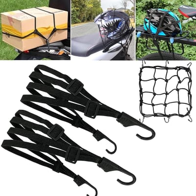 Verstelbare Elastische Spanner voor Fietsendragers en Motorfietsendragers, 3-in-1 Rubber Tensioner met Haak en Elastisch Bagagenet voor Veilig Transport van Bagage