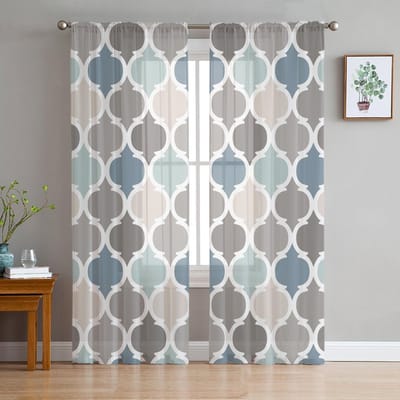 Indigo Grijs Marokko Geometrie Transparante Gordijnen voor Woonkamer Decoratie Raamgordijnen voor Keuken Tule Voile Organza Gordijnen W135 x H115cm x1 gray