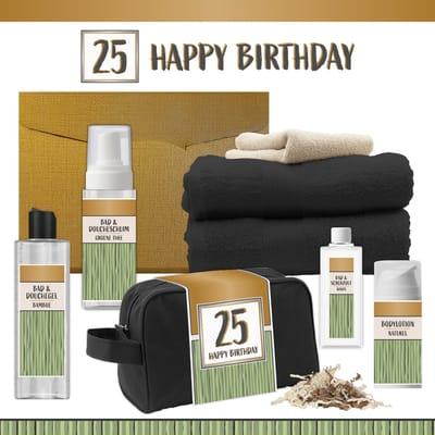 Geschenkset “25 Happy Birthday” - 8 producten - 1140 gram | Luxe wellness Cadeaubox voor Hem Giftset Feestje Verjaardag Vijfentwintig jaar Cadeau Pakket Douche Gefeliciteerd Verjaardagscadeau Man Gift Party Twenty-five Years Hartje Goud Groen Zwart