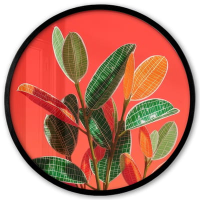 Poster in lijst Rond - Fotolijst 40x40 cm - Posters - Bladeren - Nerven - Oranje - Structuur - Ronde posterlijst zwart - Decoratie - Wanddecoratie woonkamer - Muurdecoratie slaapkamer