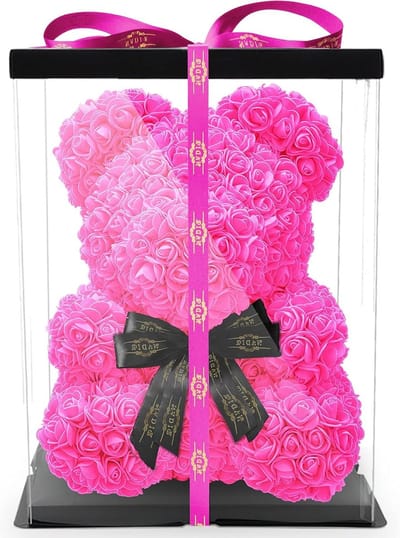 NADIR Rose Bear with Bow / Includes Pre-Packed Gift Box / in Various Colours and Sizes / Rose Bear with Giftbox / Valentine's Day Mother's Day Anniversary Anniversary Anniversary Infinity Rosebear