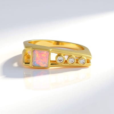 Cavill - Zilveren Verstelbare Ring met AAA Welo-opaal 0,393 ct en Cambodjaanse Zirkonen 0,113 ct - Modern, Handgemaakt, Pastelkleurig Sieraad