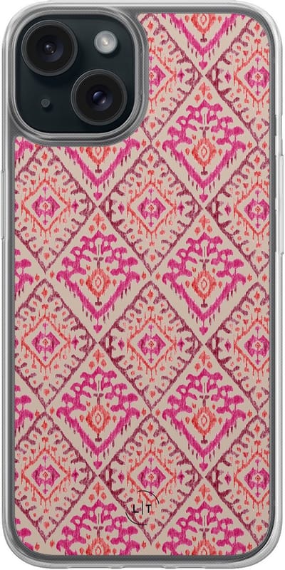 Hoesje geschikt voor iPhone 15 - Ibiza art deco - 2in1 backcover - Print / Illustratie - Roze - Leuke Telefoonhoesjes