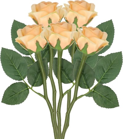 Top Art Kunstbloem roos Nina - 5x - perzik kleur - 27 cm - kunststof steel - decoratie bloemen