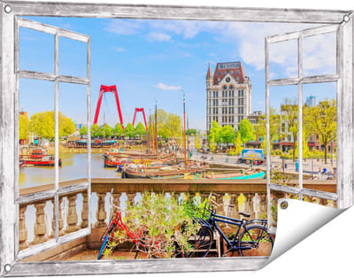 Gards Tuinposter Doorkijk Kleurrijke Oude Haven in Rotterdam - 90x60 cm - Tuindoek - Tuindecoratie - Wanddecoratie buiten - Tuinschilderij