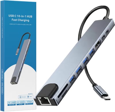 USB-C Hub - 10-in-1 Docking Station - 4x USB-A - 1x HDMI 4K - 1x USB-C 5Gbps - 1x Ethernet 100mbps - 1x USB-C PD 100W - USB Hub Laptop - SD/TF Kaarlezer - Grijs