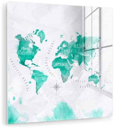 ® Glasschilderij 90x90 cm - Schilderij acrylglas - Waterverf - Wereldkaart - Turquoise - Foto op glas - Muurdecoratie woonkamer - Wanddecoratie slaapkamer - Schilderijen