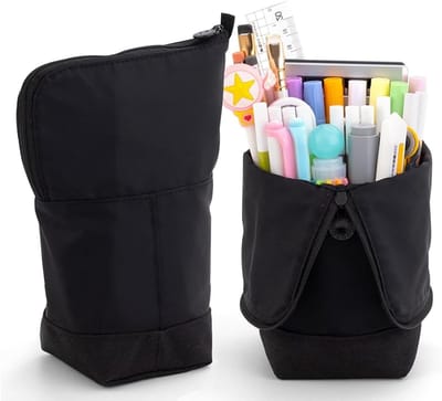 Eversie Pennenzak met Staande Functie - Nylon Twill, Zipper Makeup Tas, Zwart, Praktisch en Ruim voor School en Kantoor