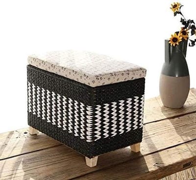 Rotan Opbergmand - Rieten Voetenbank - Woonkamer Organiseren - Massief Houten Basis - 50x30x30cm - Zwart