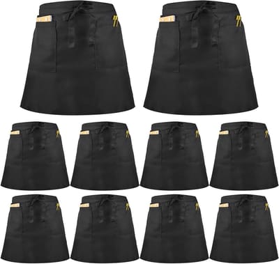 Korte Schort met 2 Zakjes voor Koks en Bediening - Zwart, Unisex, Ideaal voor Gastronomie en Bakkerijen, One Size, 10 Stuks