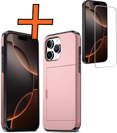 Hoesje Geschikt voor iPhone 16 Pro Hoesje Pasjeshouder Shockproof Hard Case Met Screenprotector - Hoesje Geschikt voor iPhone 16 Pro Hoes Met Kaarthouder - Rosé goud