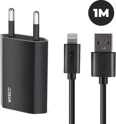 USB oplader geschikt voor iPhone en iPad - inclusief USB naar Lightning oplaadkabel 1 meter - zwart - WiseQ