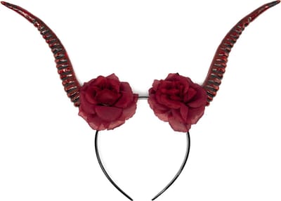 KIMU® Haarband Hoorns Rode Rozen - Rood Duivel Bloemen Diadeem - Bloed Heks Duiveltje Geit Schaap Monster Draak Bloedrood Festival