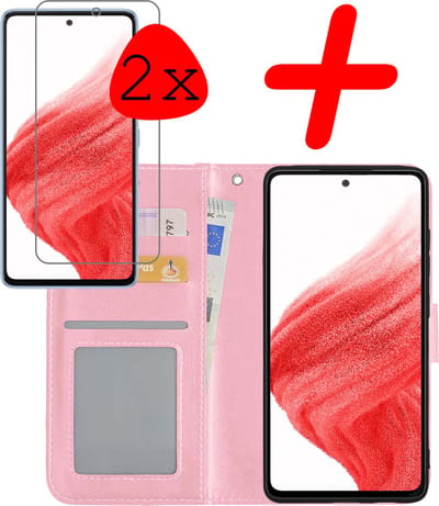 Hoesje Met 2x Screenprotector - Geschikt voor Samsung Galaxy A53 - Luxe Pasjeshouder - Bookcase Portemonee - Flip Case - Kunstleer Book Case - Flipcase Hoes - Book Cover - Walletcase - Portemonneehoes - Lichtroze