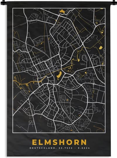 Wandkleed - Wanddoek - Duitsland – Black and Gold – Elmshorn – Stadskaart – Kaart – Plattegrond - 120x180 cm - Wandtapijt