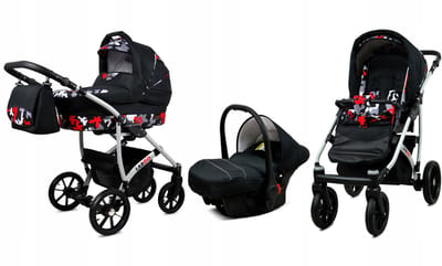BabyLux® Kinderwagen 3in1 – LARGO - BLACK MORO SILVER FRAME - Opklapbare Wandelwagen incl. Reiswieg, Multifunctionele Buggy Sportstoel, Autostoel - Combi-kinderwagen met Luiertas, Regenhoes, Klamboe, Bekerhouder, etc.