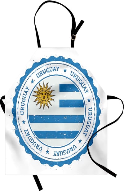 ABAKUHAUS Uruguay kookschort, land ronde grunge-stempel, heldere kleuren, in hoogte verstelbaar, wasbaar, vlekkendruk, Zeeblauw/Wit