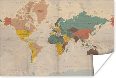 Wereldkaart - Vintage - Atlas - Kind - Jongetjes - Meid - 30x20 cm - Poster - Poster Kinderkamer