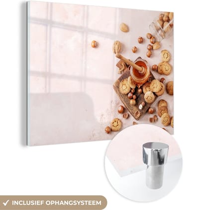 MuchoWow® Glasschilderij 120x90 cm - Schilderij acrylglas - Koekjes - Honing - Noten - Keuken - Foto op glas - Schilderijen