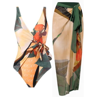 Eendelig, conservatief badpak met buikbedekking en open rug, sexy nieuw model, damesbadpak, chiffon strandrok S beige