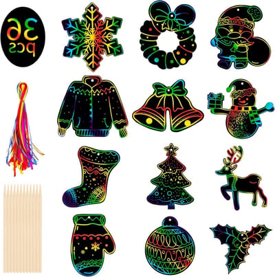 36 Stuks Kerst Krab Afbeeldingen voor Kinderen, Krabbelpapier, Regenboog Krabbelkunst, Inclusief 36 Linten en 12 Houten Pennen voor Creatieve Knutselprojecten en Kerstdecoraties