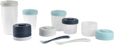 Béaba - Bewaarpotjes - Set van 12 - 2x90ml, 4x150ml, 6x250ml + 2 Siliconen Lepels - Hermetisch - Magnetron - Blauw/Grijs - BPA-vrij