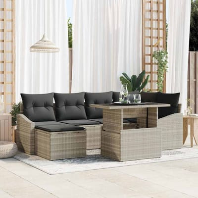 vidaXL Tuinbank Set 7 pcs Lichtgrijs Poly rattan en gepoedercoat staal