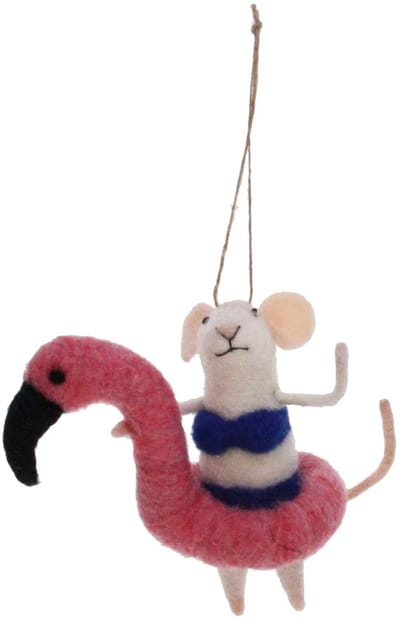 Muis met flamingo zwemband vilt 13x3x7cm