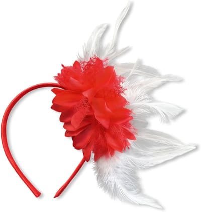 Carnaval Kostuum voor Vrouwen met Rode en Witte Kleuren, Feestelijke Hoed met Veertjes en Bloemen, Perfect voor 1920's Themadansen en Cocktailfeesten